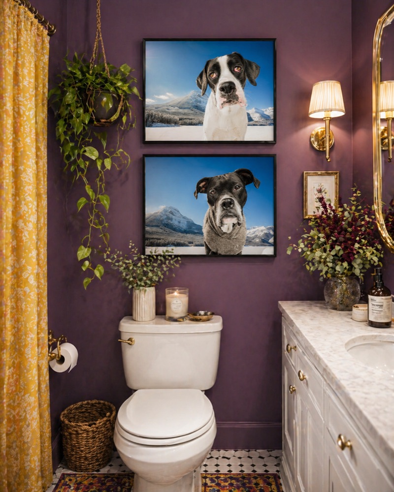 Two dog portraits hanging on a purple bathroom wall